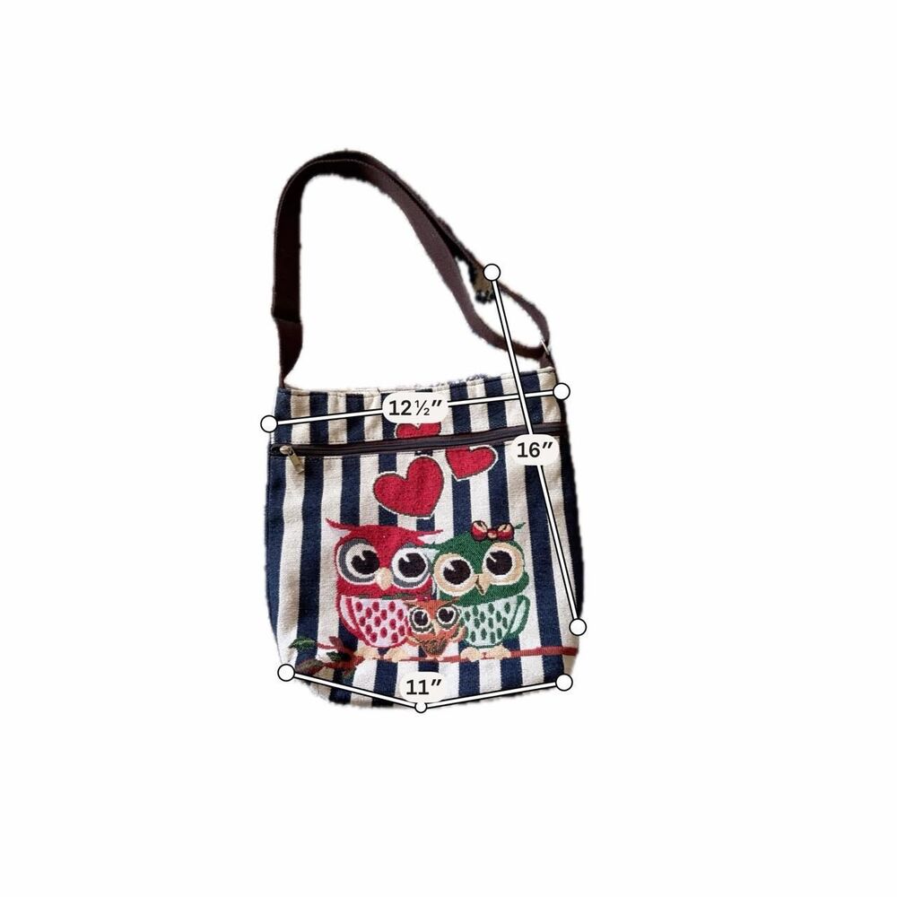 Owl Striped Canvas Crossbody Bag Blue White Whimsy Kawaii Heart Hearts Purse - Picture 2 of 8